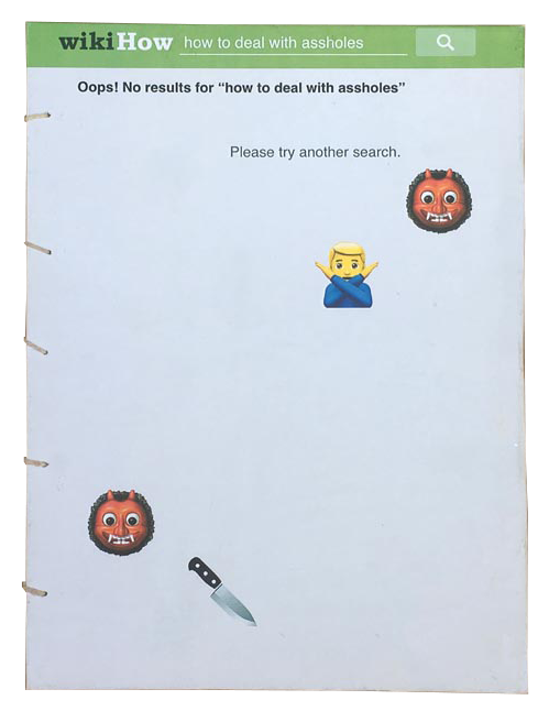 book cover showing screencapture of wikihow search for 'how to deal with assholes' and various emojis