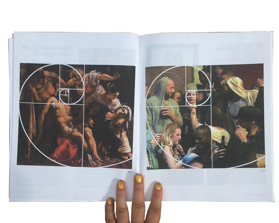 spread comparing the golden ratio of a painting and a meme