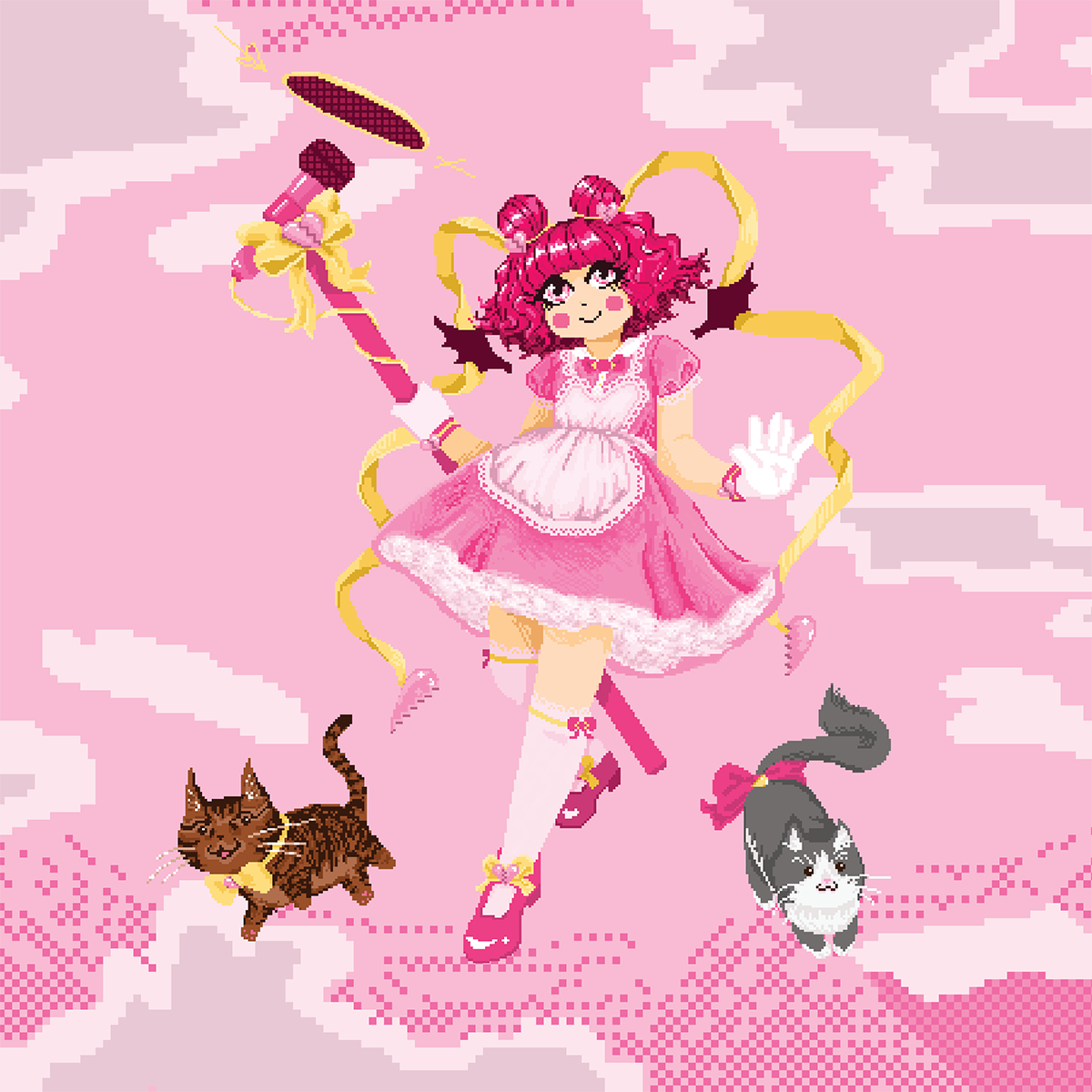 illustration of magical girl with a pink broken hearts theme. She has red curly hair, a pink doll dress, yellow ribbon accents with broken heart charms, and is holding a huge microphone. Two chibi cats are by her feet, a brown one to the left, and a grey and white one to the right. The background is a sky with clouds.