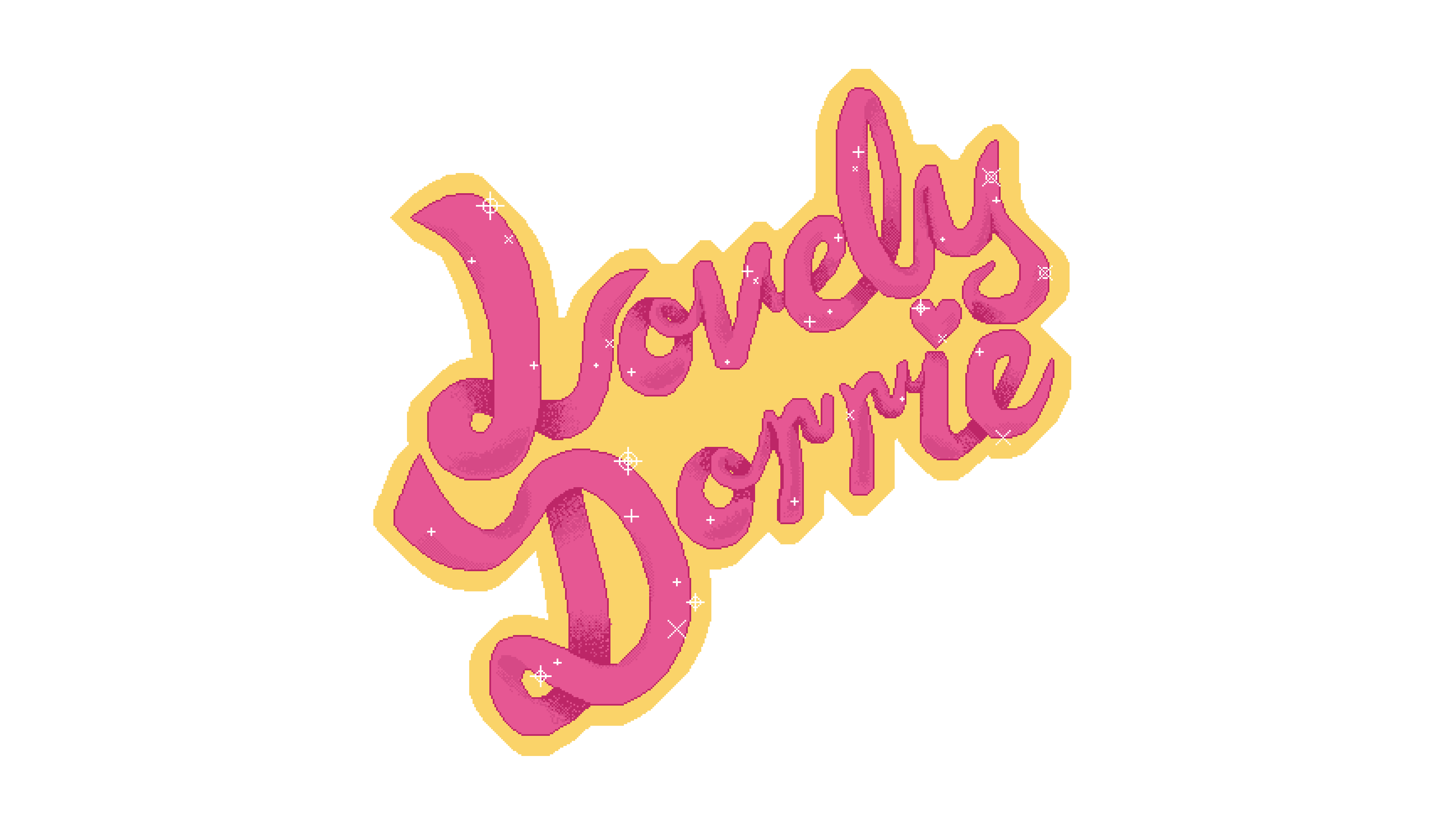 Rounded script logo reading 'LovelyDorrie' in pink with a yellow and white outline bouncing up and down on pink background with a darker pink repeating hearts and broken hearts pattern.