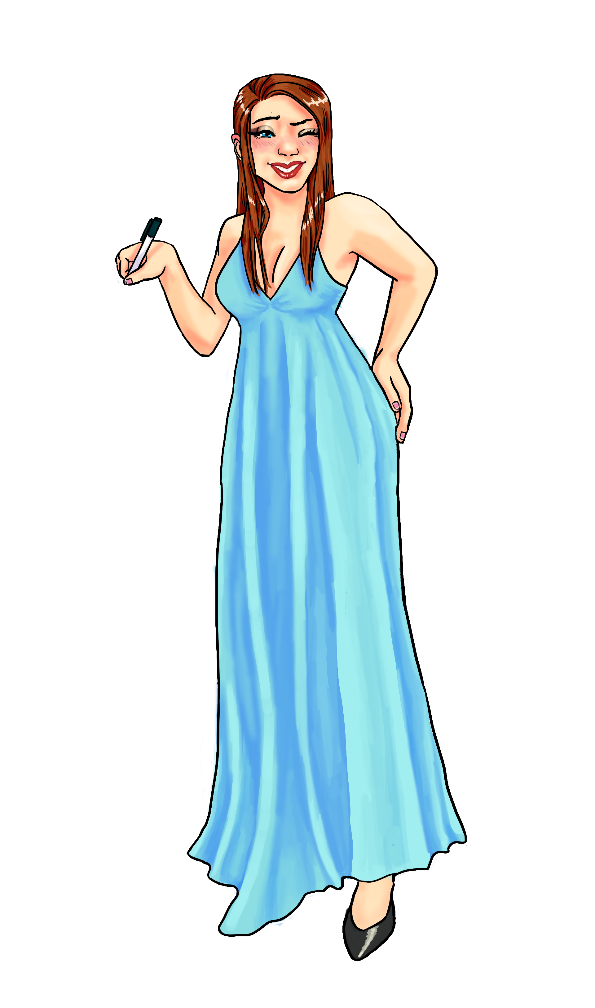 full body illustration of the muse smiling and holding a pen. she has long brown hair and a long, sleek blue dress.