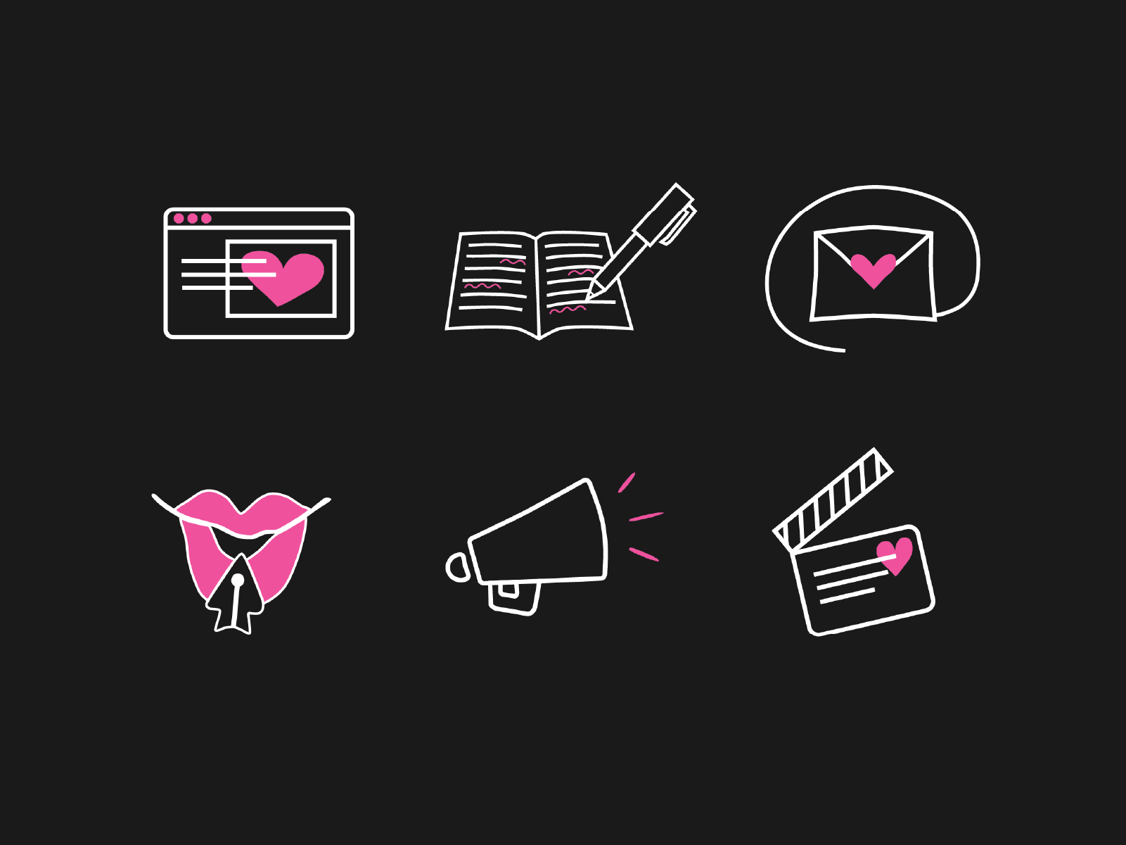 white lined icon set with pink heart accents, including a web page, editing pages in a book, and and email envelope.