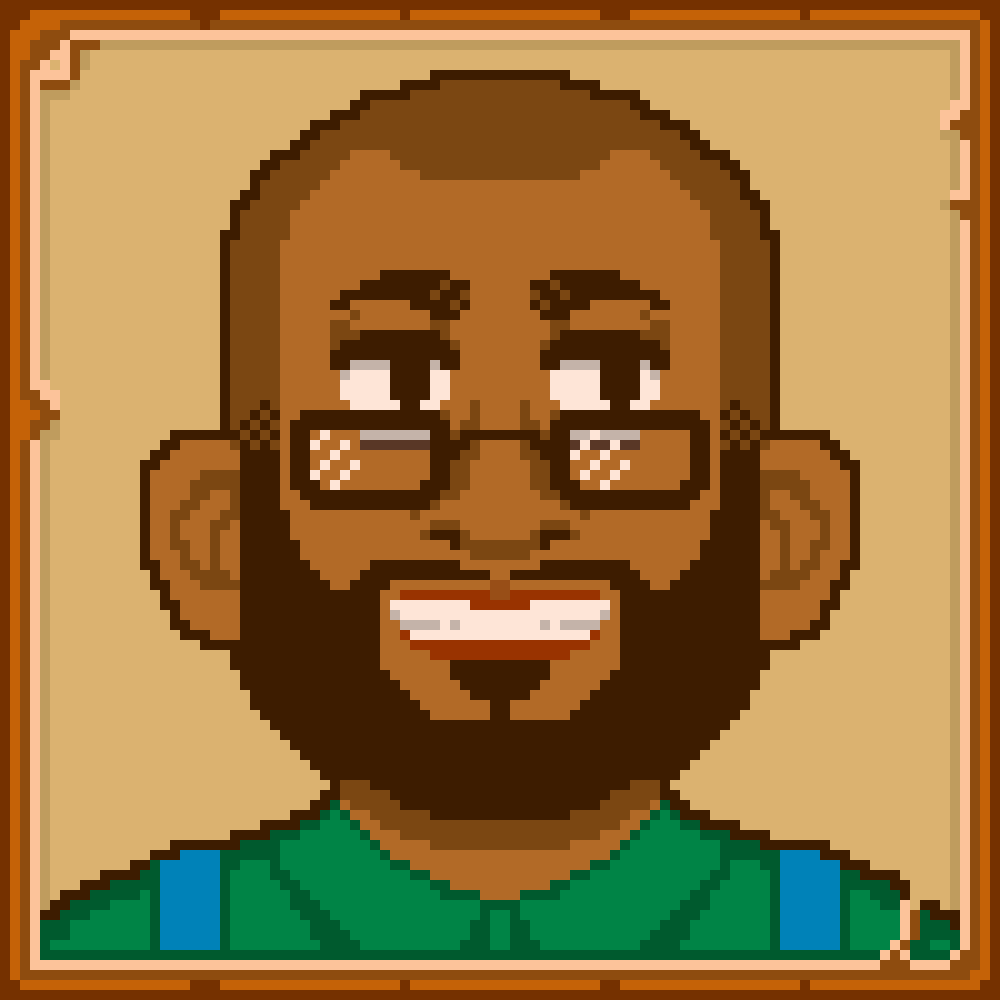 pixel art portrait of bruce smiling inspired by stardew valley