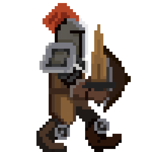 pixel art animation of a knight walking in brown tunic with a red flag on his helmet