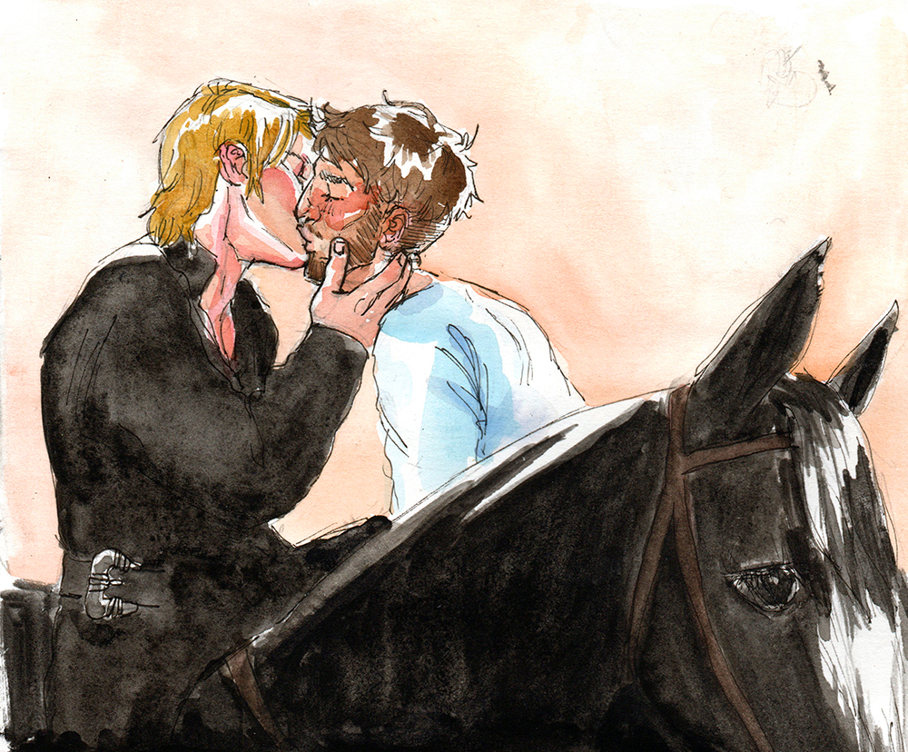 jeb and guy kiss on horseback a la the princess bride. 