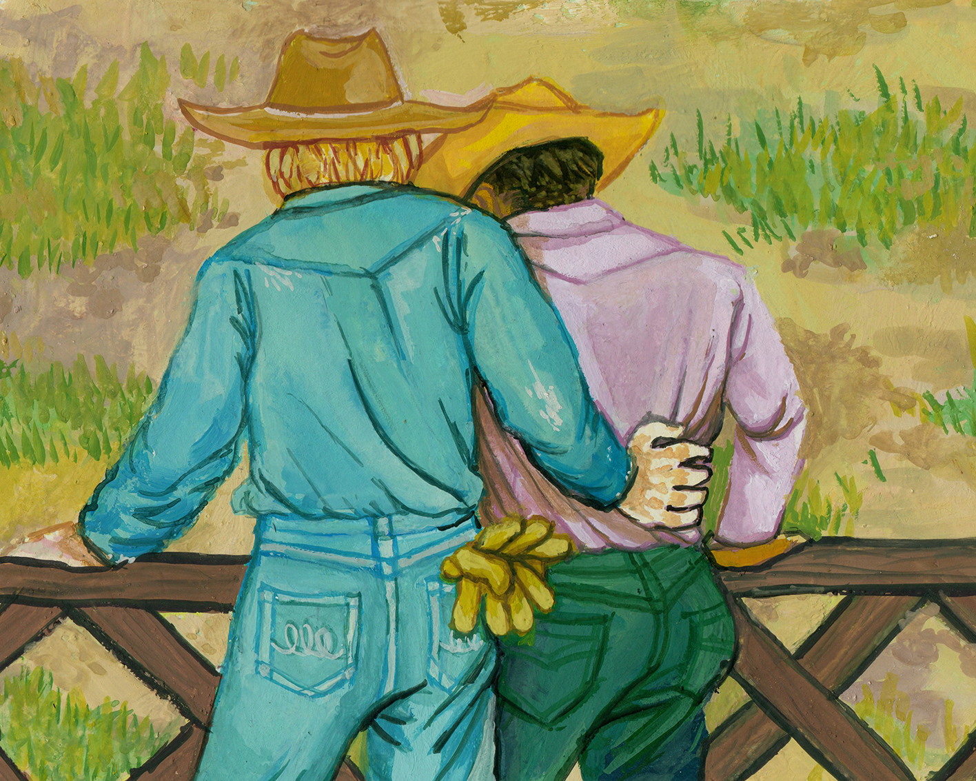 the backs of guy and jeb leaning on a fence. guy wears blue denim, a cowboy hat and has yellow gloves sticking out his back pocket. jeb wears a pink shirt, green pants, and a yellow cowboy hat. guy's hand is on the small of jeb's back.