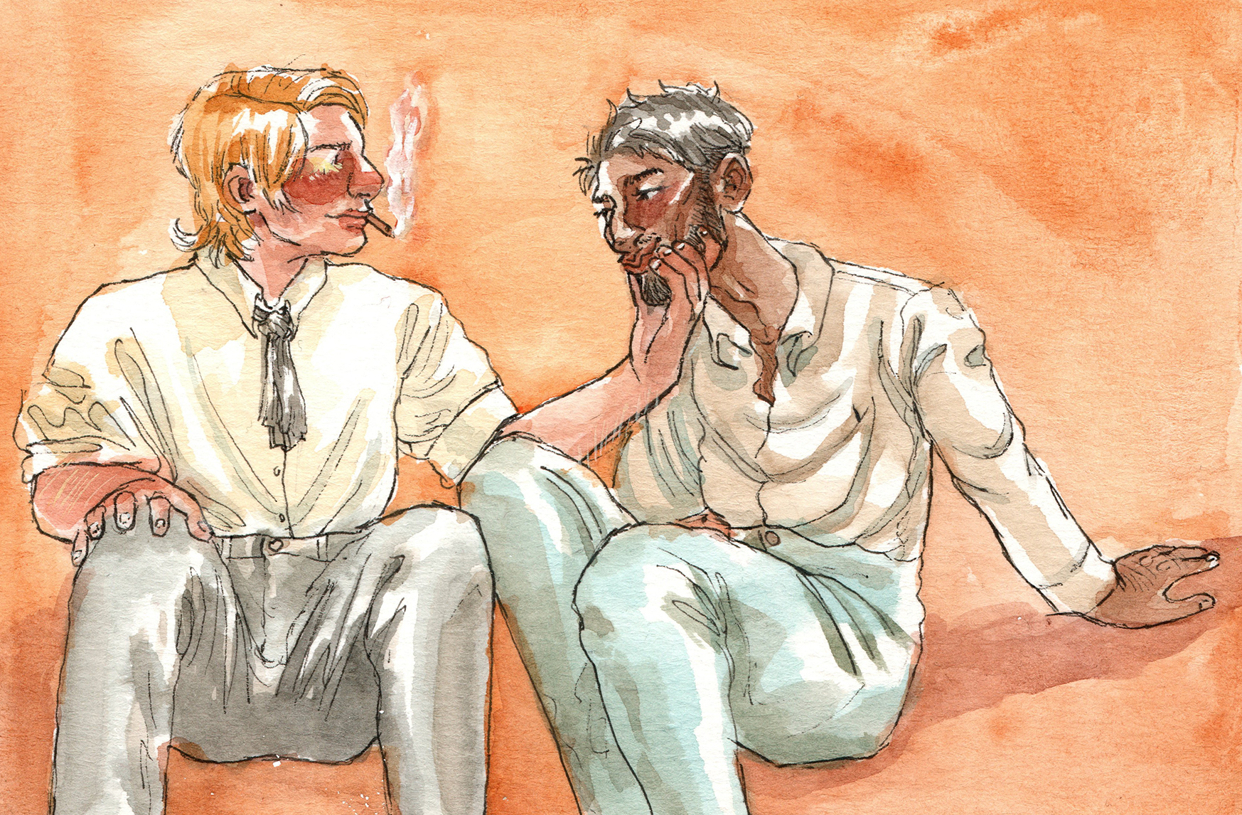 two men sit on an orange background. the blond (guy) squeezes the brunette's (jeb) cheeks with his hand