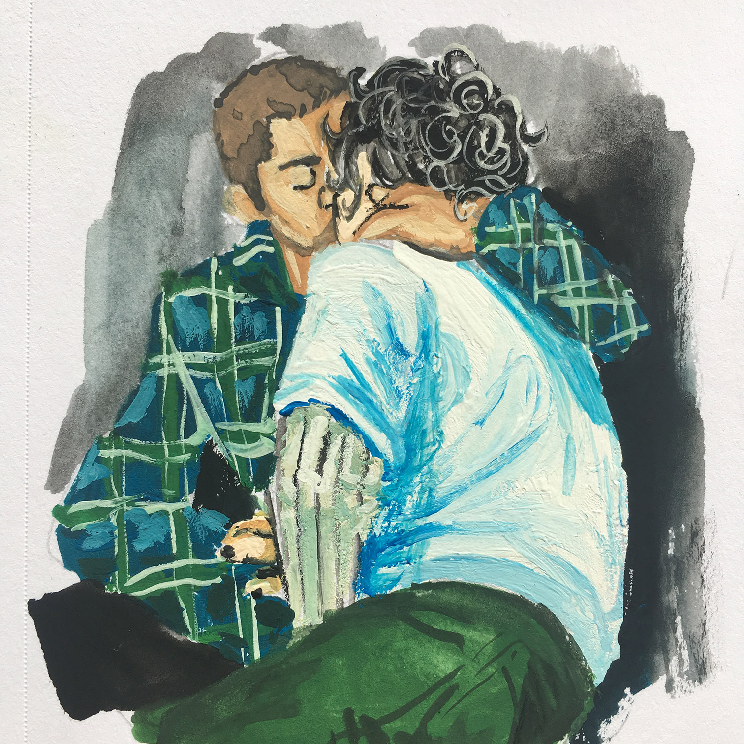 two figures sit and kiss. a dark curly haired one (teddy) with back to the viewer, wearing a white short sleeve shirt with striped long-sleeved undershirt and green pants. the other (miguel) has a brunette buzzcut and wears a flannel with their arm around the curly haired one's neck.