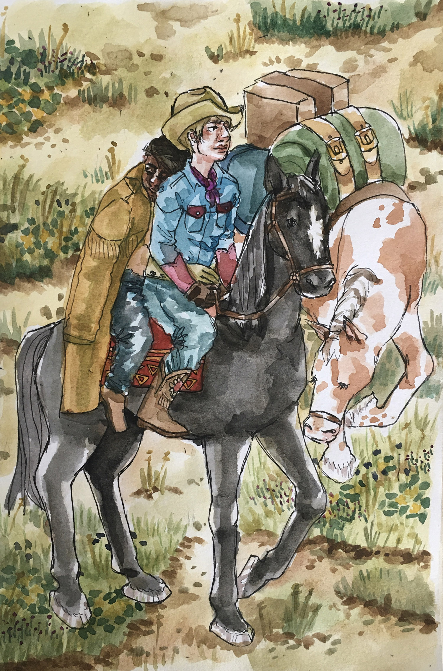 a blonde man (guy) and brunnete man (jeb) on a black horse with a prarie background. jeb is sleeping behind guy.
