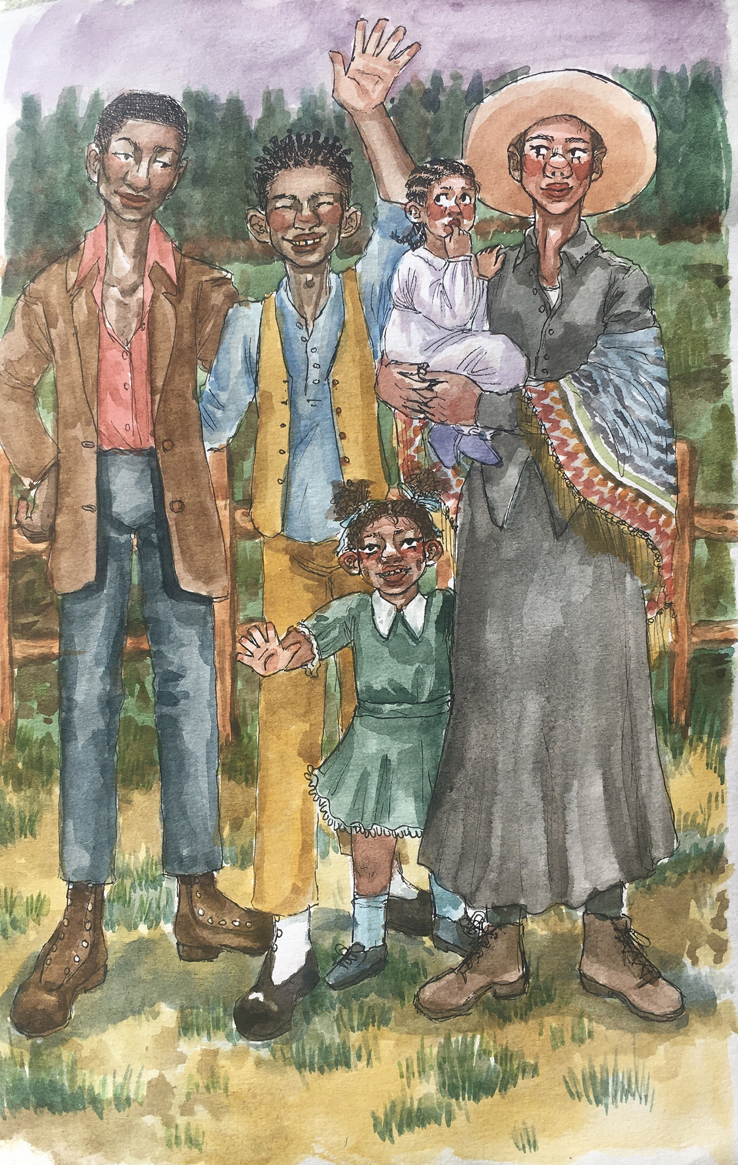 family of five, right to left: mom #1 with short hair in slacks, lanky teenage boy in work clothes, young girl with pigtails and green dress, mom #2 wearing a dress and shawl holding young toddler boy in a frock.