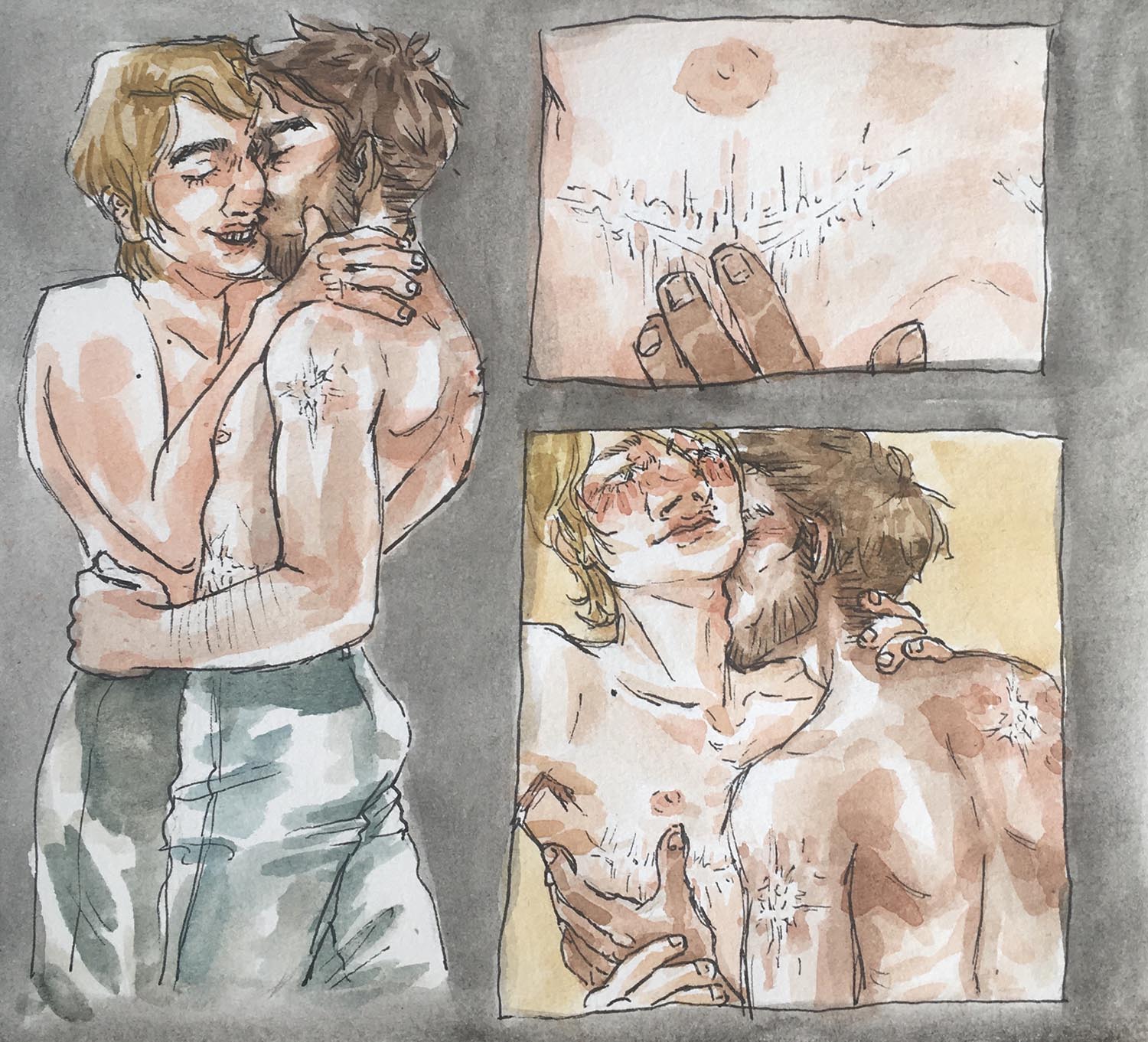 a blonde man (guy) and brunnete man (jeb) kissing while shirtles. to the right, two panels, top: jeb touching guy's chest scars, bottom: jeb kissing guy's neck