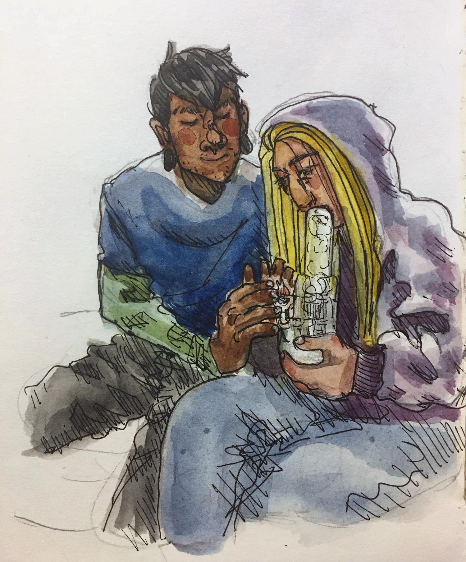 a girl with long blonde hair (jordan) in a purple hoodie smokes from a large bong, as a boy with a mohawk (isaac), wearing a blue shirt and green long-sleeves undershirt, protects the flame with his hands.