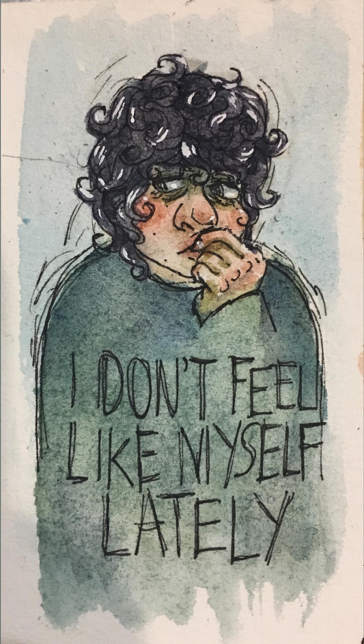 dark, curly haired figure (teddy) biting their nails with title text below