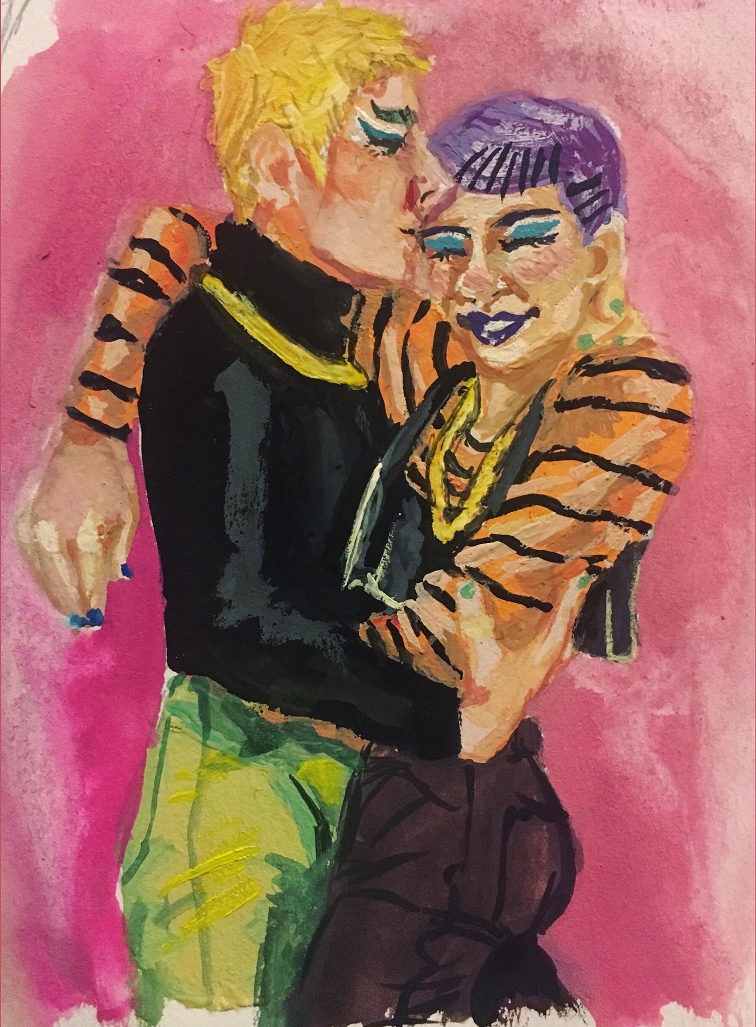 blonde (jupiter) kissing the forehead of purple-haired (chip) as they embrace. blonde is wearing a black turtleneck, gold chain, and green pants. purple hair is wearing a lot of bobby pins, a gold chain, black crop top over orange and black striped long sleeve shirt, maroon pants. both wear heavy bright blue eyeliner.