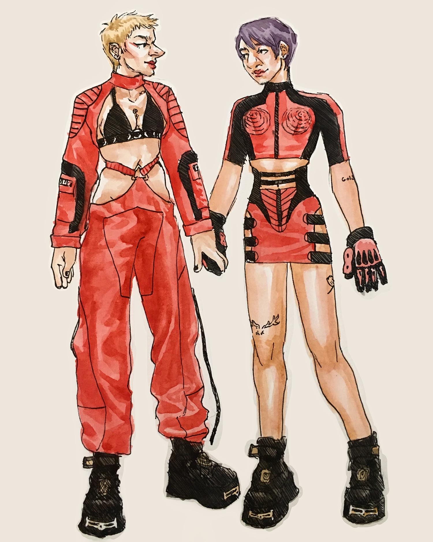 two feminine figures holding hands wearing clothes similar to a racecar driver. left (jupiter): blonde in black bikini top with red latex-ey bolero and baggy pants. right (chip): purple haired in spandex biker top with cone breasts and fitted miniskirt with red panels and black straps, hockey gloves. both wear black platform sneakers