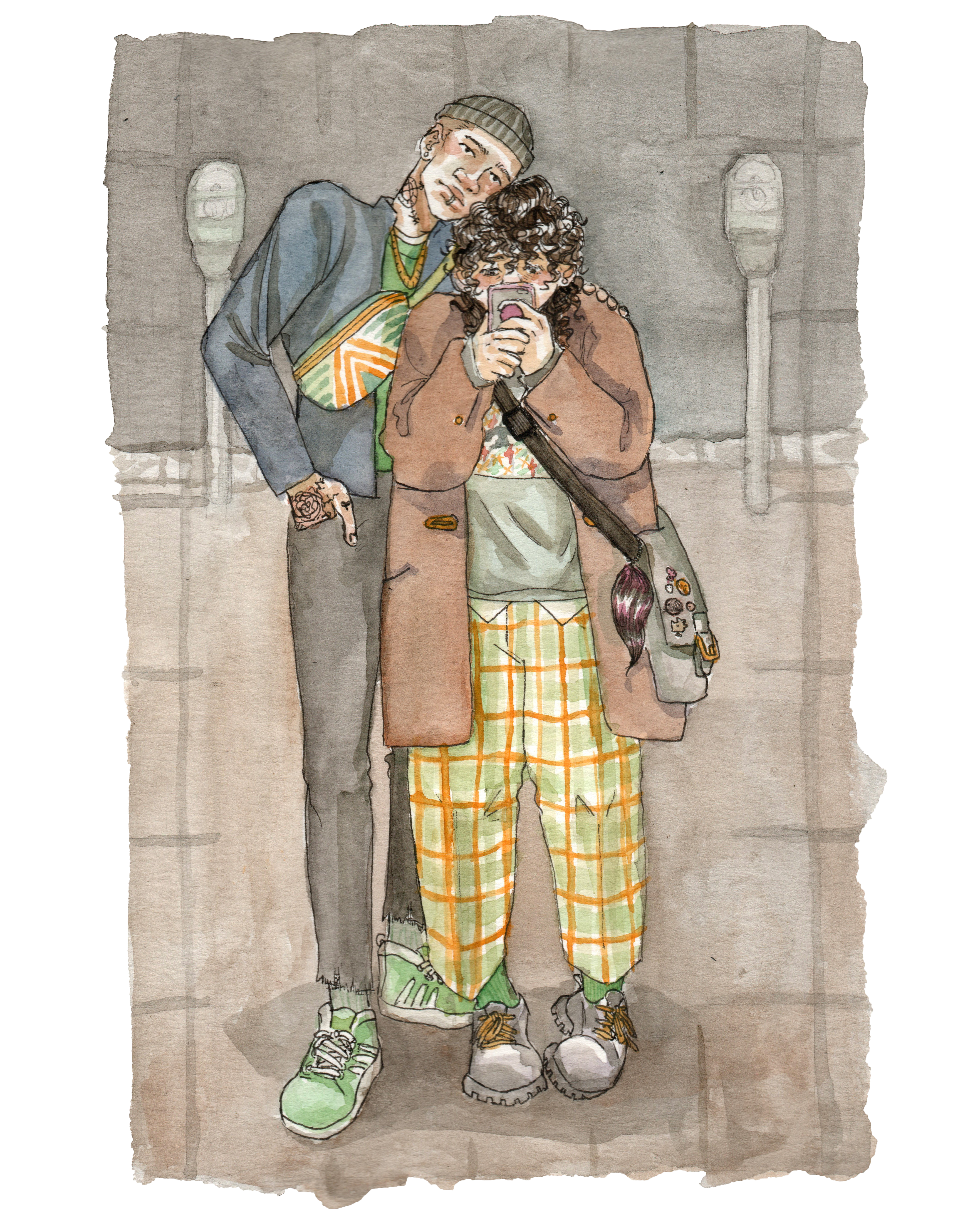 painting of teddy and miguel posing in a window. teddy holds the phone with both hands and wears a brown overcoat and green plaid pants. they have long, black, curly hair and a messenger bag with decorative pins. miguel has his arm around teddy and wears simple street clothes and a beanie with a green striped cross body bag.