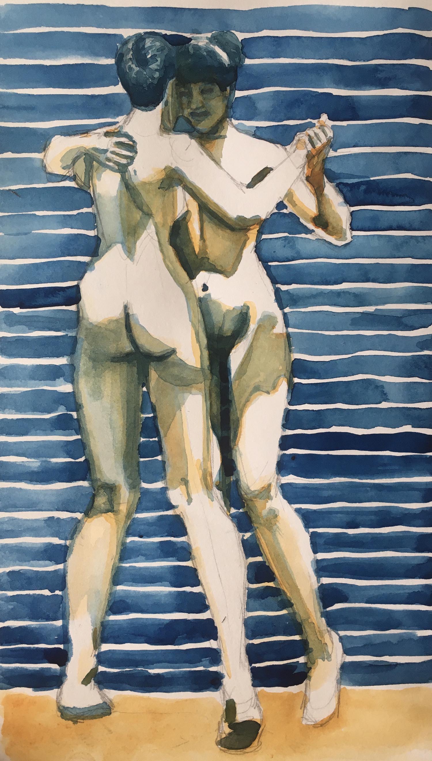 two nude women dancing in blue and orange palette, with blue striped background