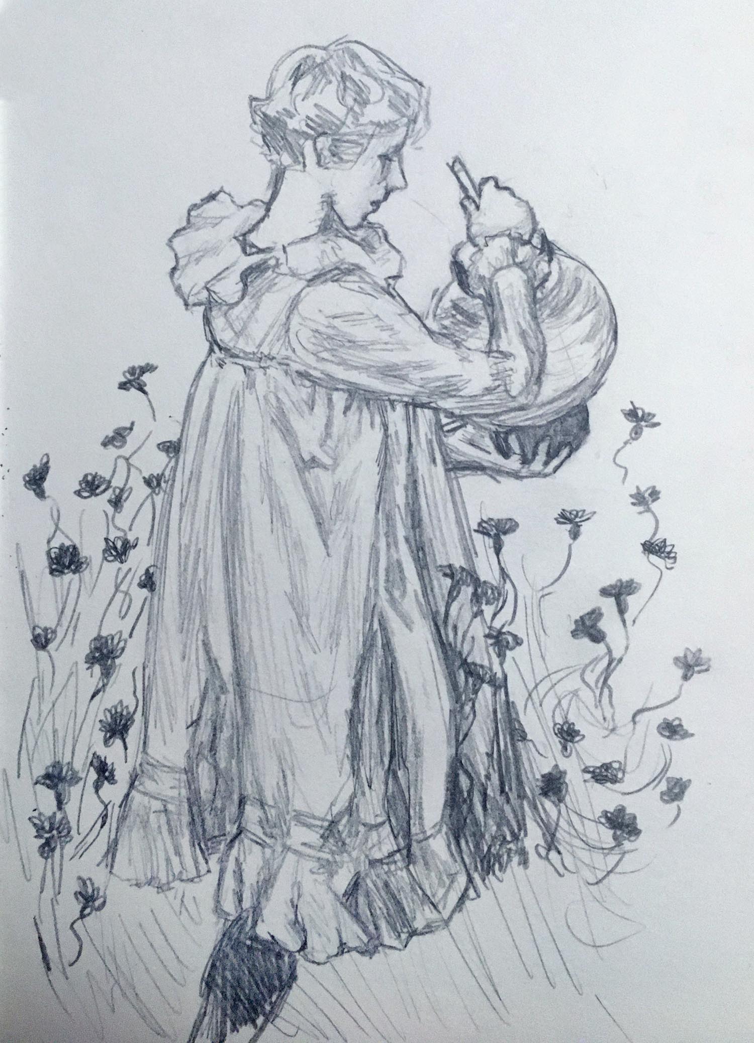 pencil sketch of girl in a frock lighting a lantern