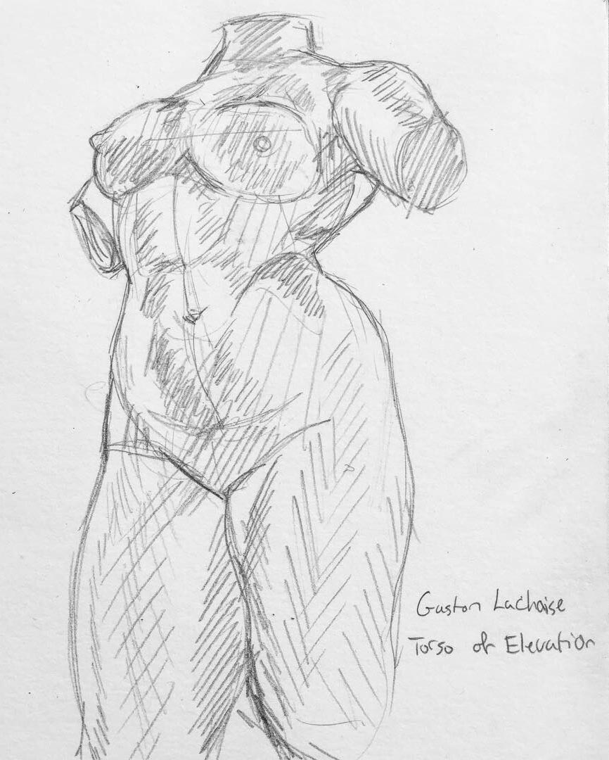crosshatched sketch of nude woman's torso