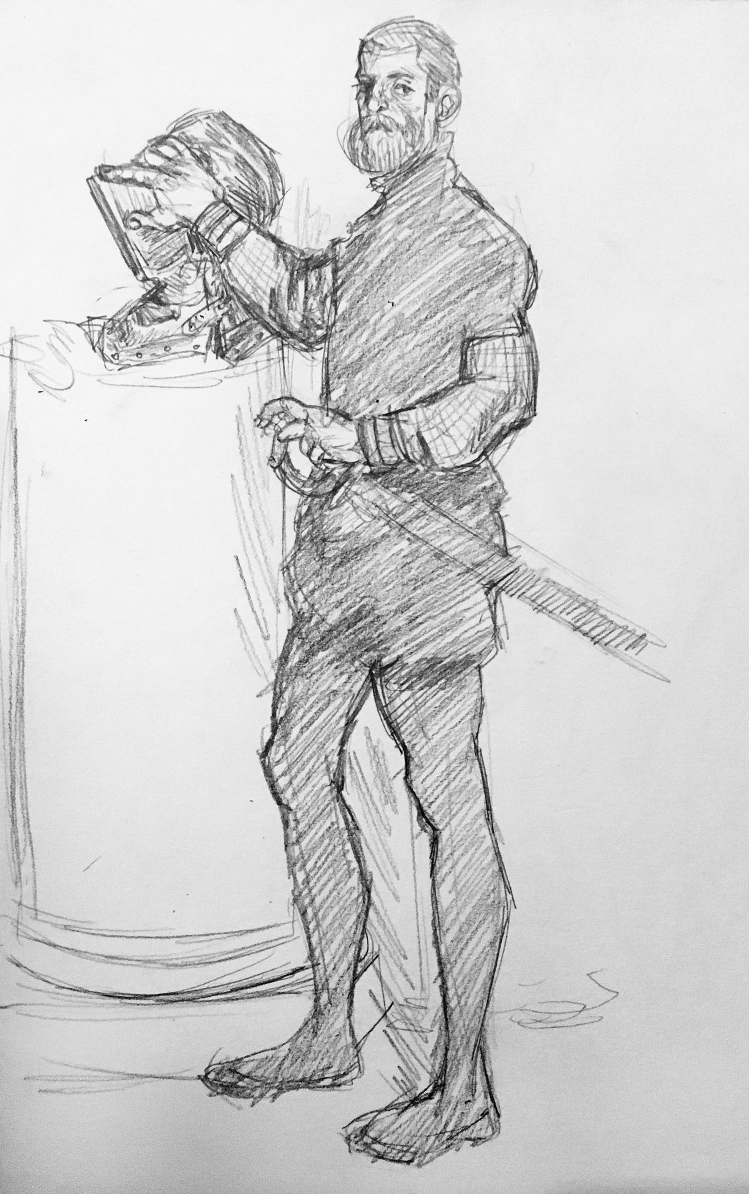 pencil sketch of knight posing with helmet and sword
