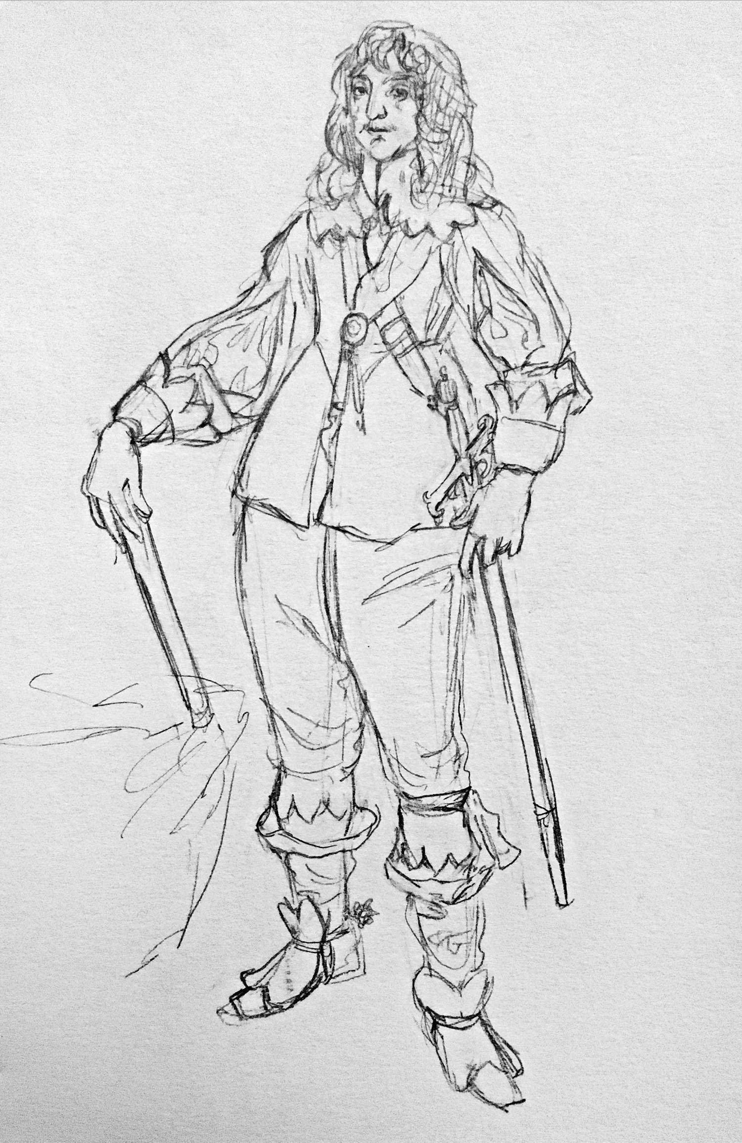 pencil sketch of man in 1600s clothes with sword, holding cane.
