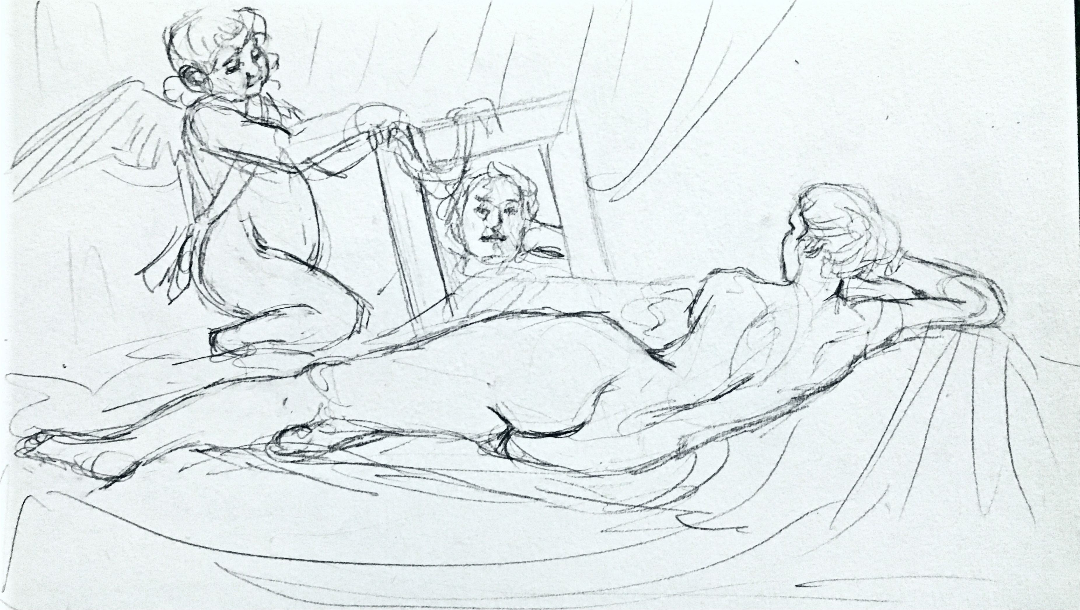 pencil sketch of nude woman reclining, looking into a mirror held by a cherub